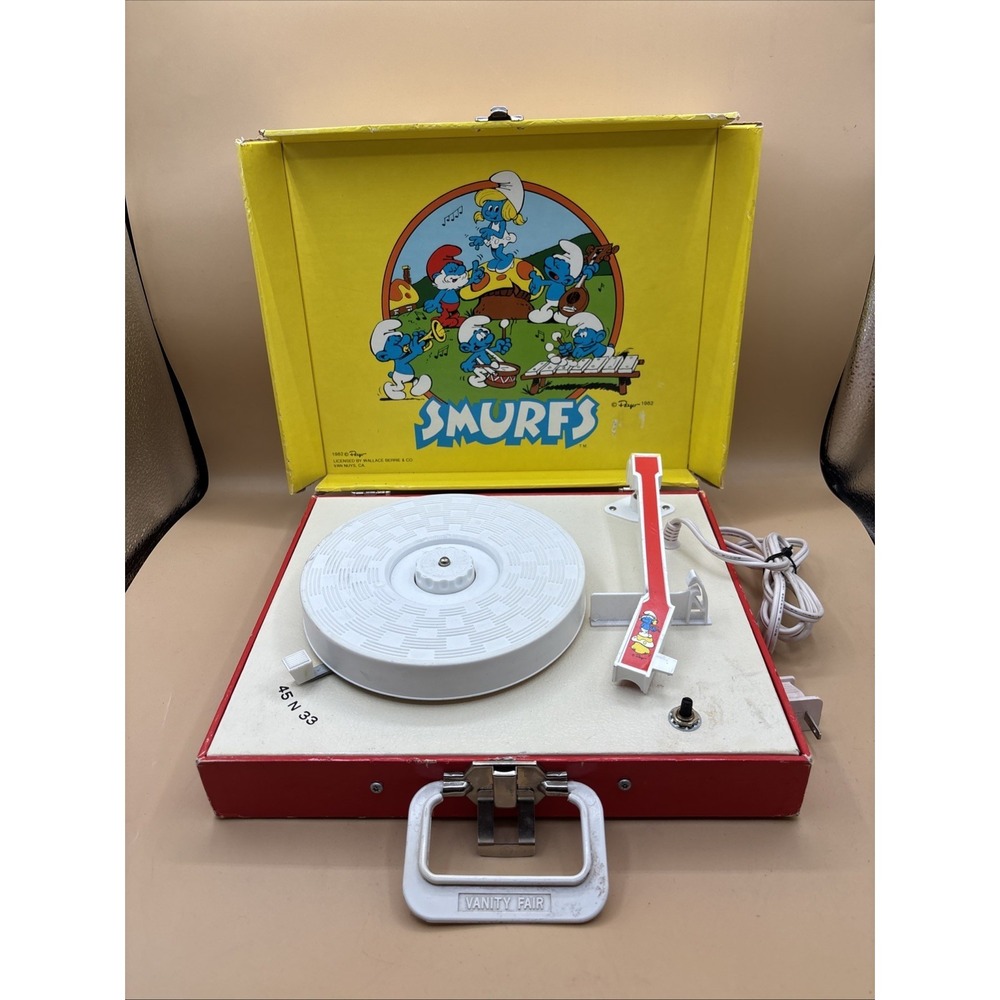 Vanity Fair - Vintage 1982 Smurfs Portable Turntable Record Player - Works READ